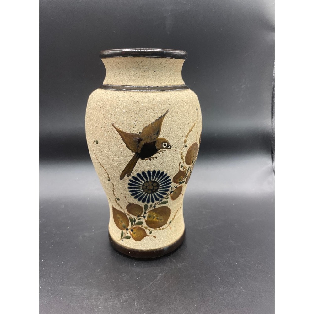 Vintage Tonala Mexican Pottery Vase Hand Painted Bird Butterfly Folk Art 6in